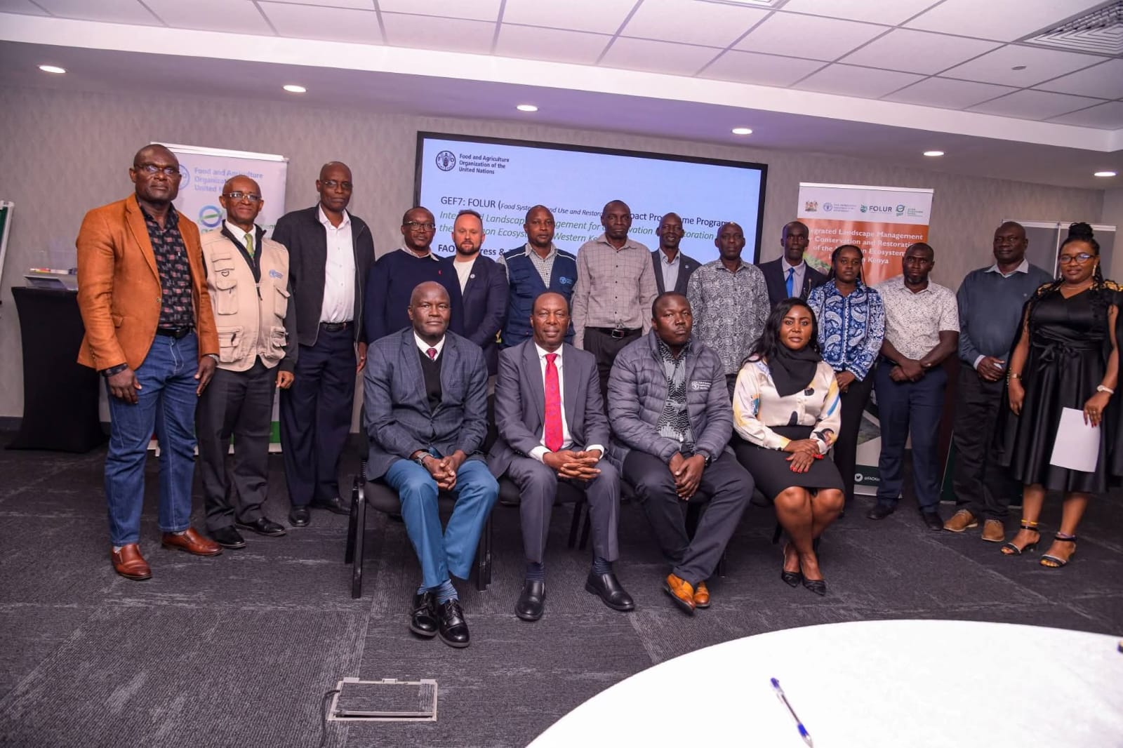Principal secretary Mr. Gitonga Mugambi and officials present in the Mt. Elgon Ecosystem Restoration Project review meeting.
