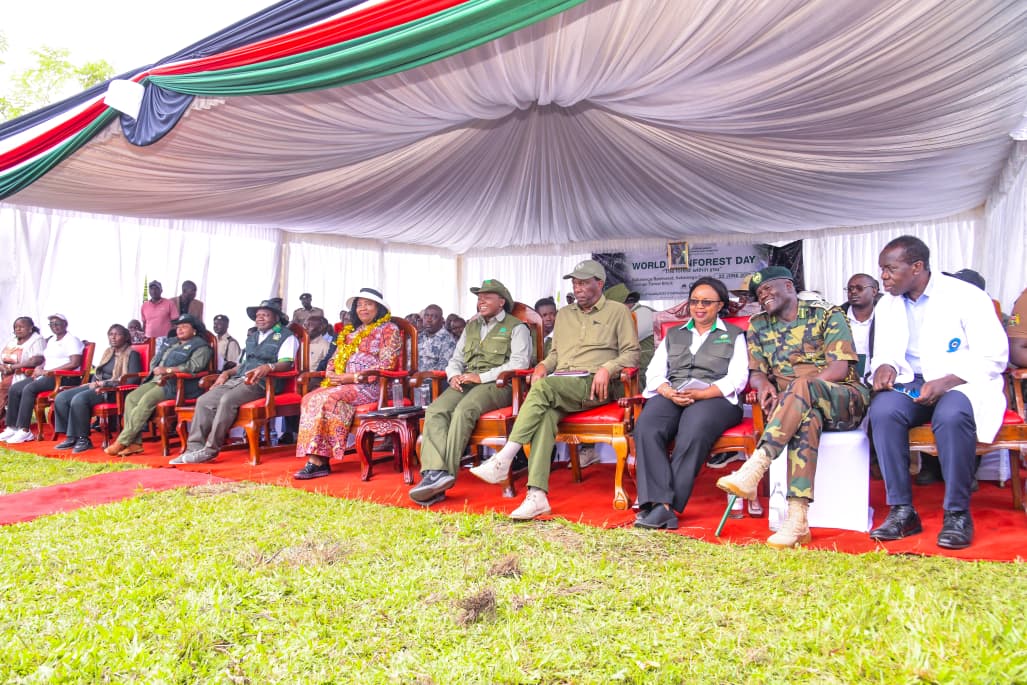 Cabinet Secretary, Environment, Climate Change and Forestry Dr. Deborah Barasa (centre) alongside Kenya's Representative to UNEP Dr. Ida Betty Odinga (left), Principal Secretary, State Department for Forestry Mr. Gitonga Mugambi (right) and Kakamega Governor Fernandes Barasa (2nd left) during the World Rainforest Day Celebrations in Kakamega