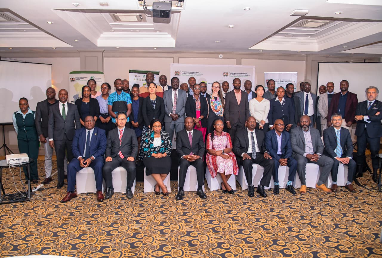 Forestry PS Gitonga Mugambi, Secretary Forest Development George Tarus and Secretary Administration Patrick Meso join delegates for a group photo during the Round Table Breakfast Forum on Sustainable Forestry and Climate Resilience in Kenya, held at Fairmont The Norfolk Hotel, Nairobi.