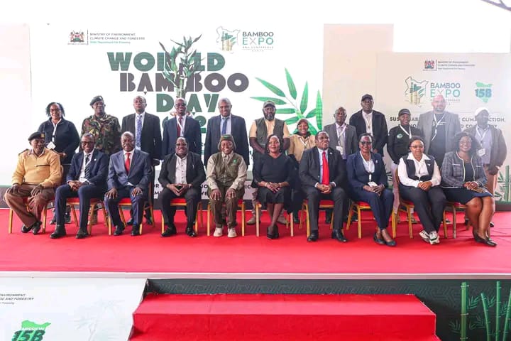 Environment, Climate Change and Forestry Cabinet Secretary Dr. Deborah M. Barasa poses for a photo alongside other stakeholders during the world bamboo day.