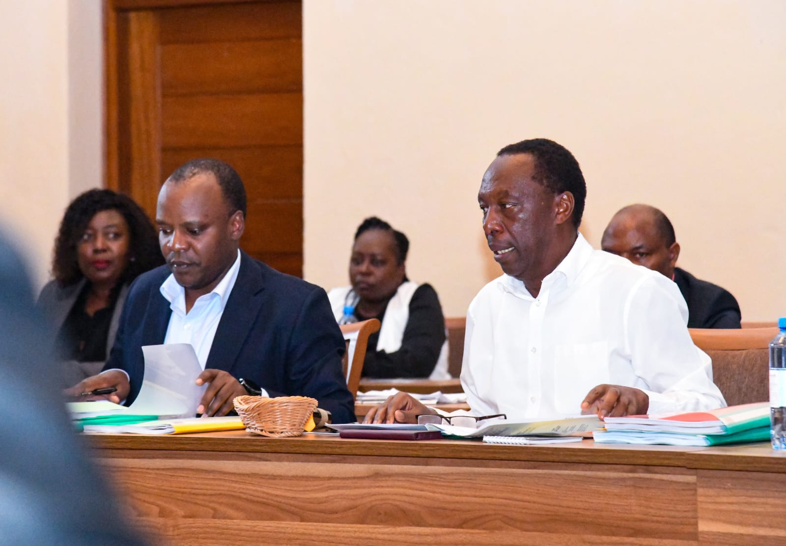 Forestry Principal Secretary Mr. Gitonga Mugambi and Secretary, Forest Development, Mr. George Tarus before the Committee on Delegated Legislation