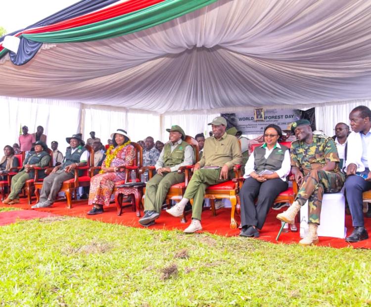 Cabinet Secretary, Environment, Climate Change and Forestry Dr. Deborah Barasa (centre) alongside Kenya's Representative to UNEP Dr. Ida Betty Odinga (left), Principal Secretary, State Department for Forestry Mr. Gitonga Mugambi (right) and Kakamega Governor Fernandes Barasa (2nd left) during the World Rainforest Day Celebrations in Kakamega