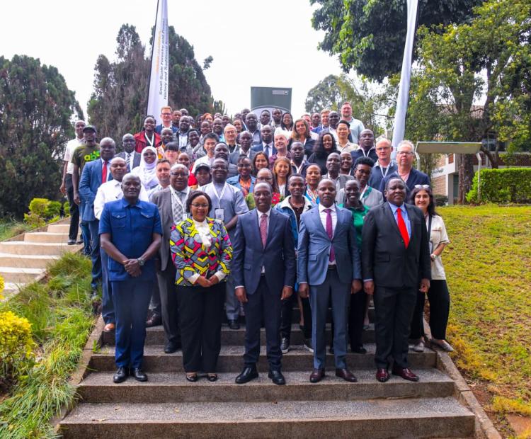 Forestry PS Mr. Gitonga Mugambi, KEFRI CEO Dr. Jane Njuguna, Secretary Forest Development George Tarus and Secretary Administration Patrick Meso lead delegates in a group photo at KEFRI headquarters Muguga as the 2026 IUFRO Joint Conference officially opens..
