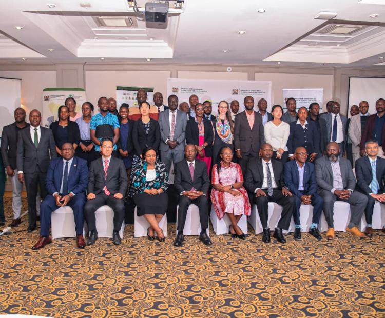 Forestry PS Gitonga Mugambi, Secretary Forest Development George Tarus and Secretary Administration Patrick Meso join delegates for a group photo during the Round Table Breakfast Forum on Sustainable Forestry and Climate Resilience in Kenya, held at Fairmont The Norfolk Hotel, Nairobi.