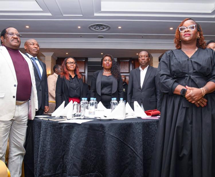PS for Mining Mr. Harry Kimtai, PS for Blue Economy and Fisheries Ms. Betsy Njagi, PS for Higher Education Dr. Beatrice Inyangala, PS Forestry Mr. Gitonga Mugambi at the MUST Gala Dinner at Sarova Stanley Hotel
