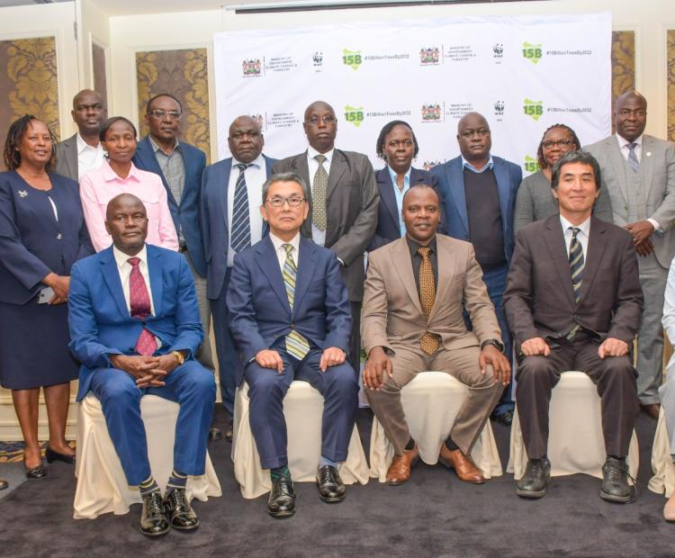 Secretary, Forest Development, Mr. George Tarus poses for a photo alongside the Ambassador of Japan to Kenya, His Excellency Hiroshi Matsuura (left) and other stakeholders